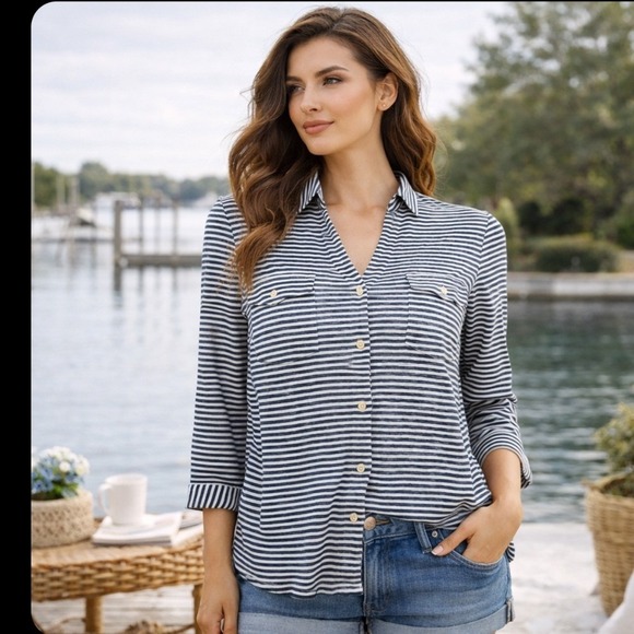 J.McLaughlin Tops - J McLaughlin Shirt L Navy Stripe Linen Cotton 3/4 Sleeve Button Coastal Preppy